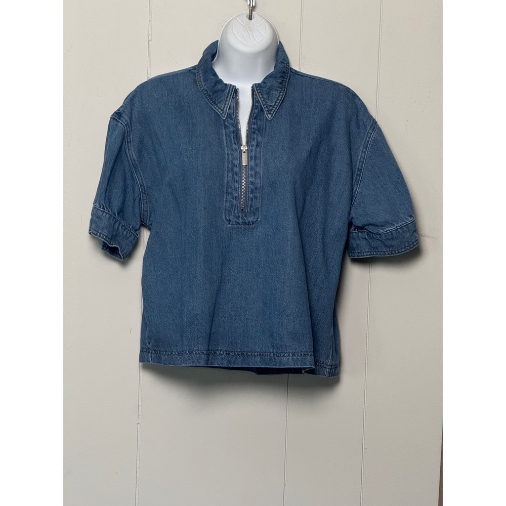 Velvet Heart Women's Denim Quarter Zip Short Sleeve Top Blue Size Medium